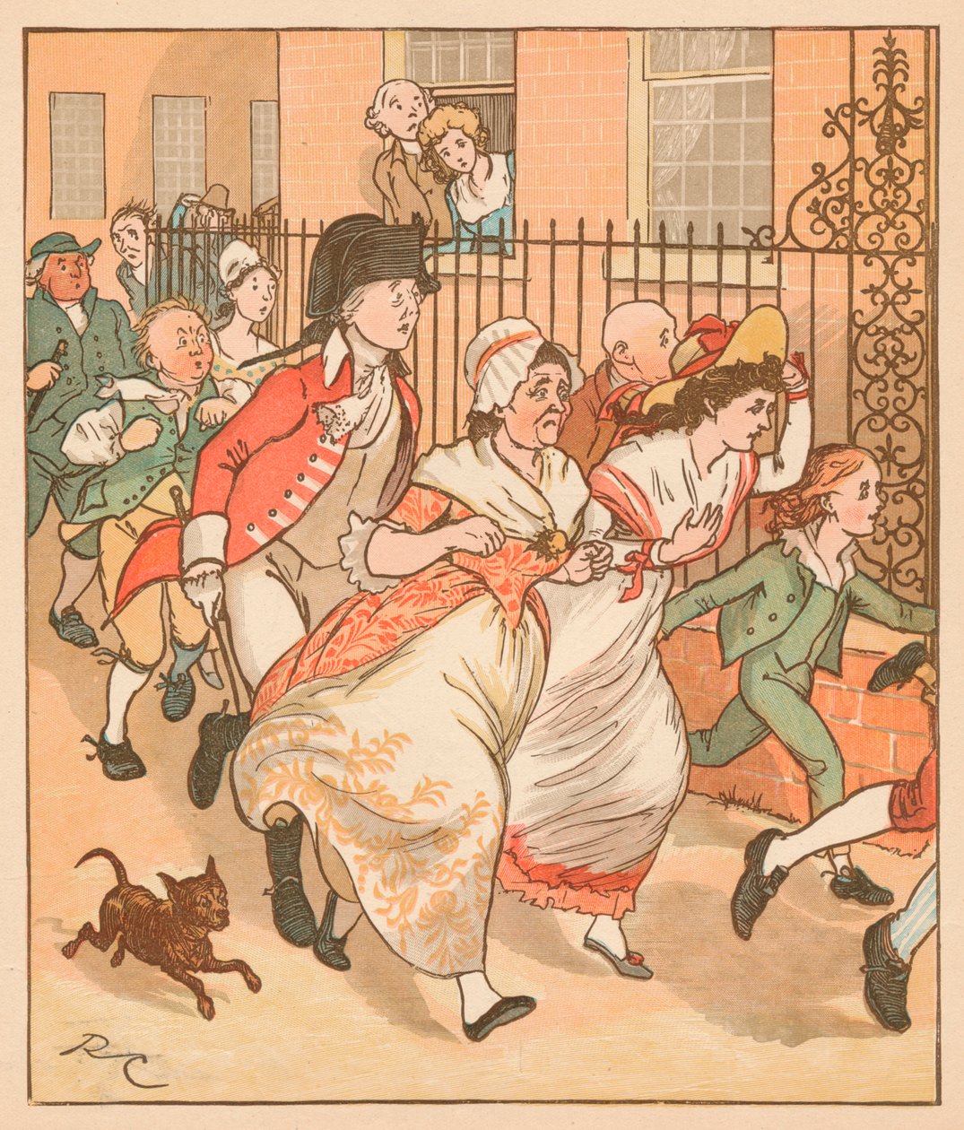 Naapurit ryntäävät auttamaan Islingtonin hyvää miestä, v. 1879. tekijältä Randolph Caldecott