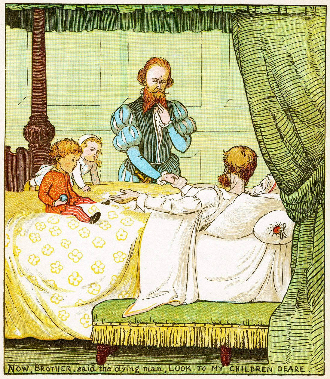 "Nyt, veli, sanoi kuoleva mies, katso rakkaat lapsiani", kuva Babes in the woodissa tekijältä Randolph Caldecott