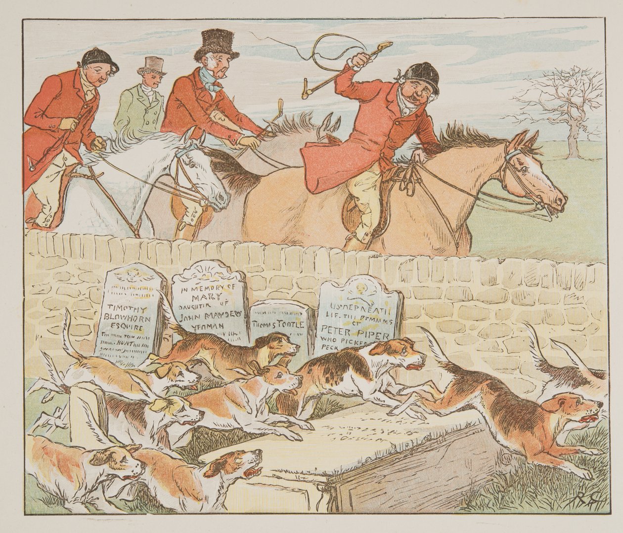 Nyt parsonilla oli pari ke, kun koirat tulivat näkyviin…, The Hey Diddle Diddle Picture Book, pub.1882 (värikaiverrus) tekijältä Randolph Caldecott