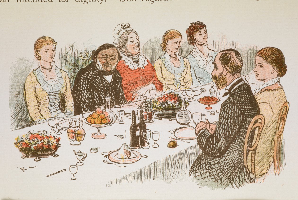 Ihmiset istuvat ruokapöydän ääressä. tekijältä Randolph Caldecott