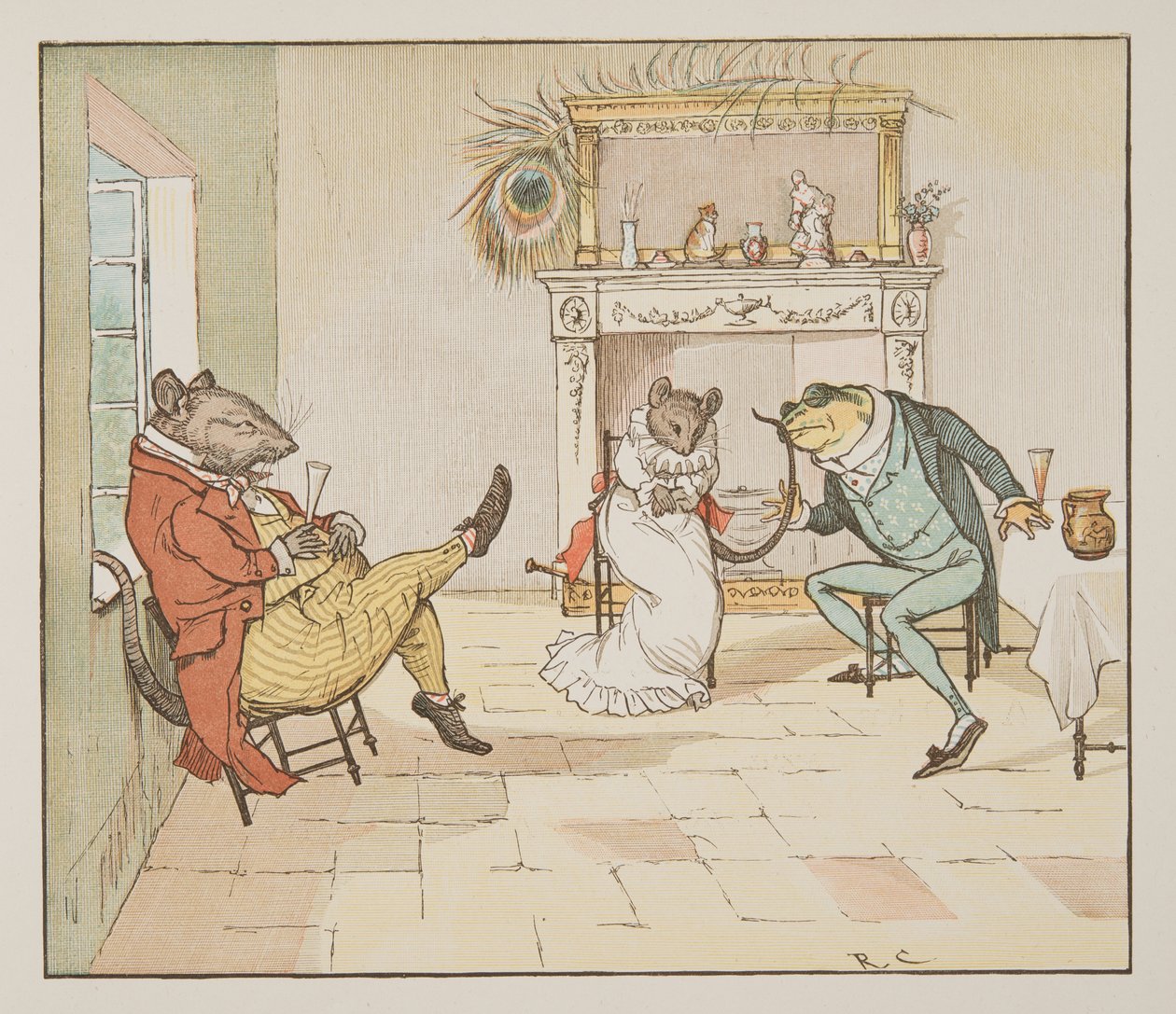 "Rukoile, herra Frog, annatko meille laulun?", The Hey Diddle Diddle Picture Book, pub.1882 (värikaiverrus) tekijältä Randolph Caldecott