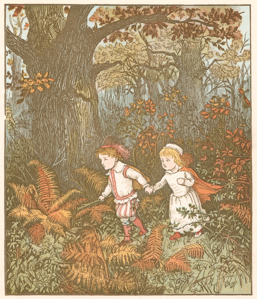 Kohtaus elokuvasta The Babes Children in the Wood, 1878 tekijältä Randolph Caldecott