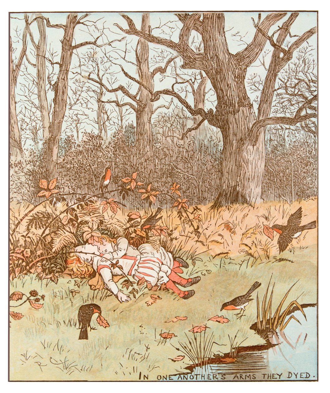Kohtaus elokuvasta The Babes in the Wood, 1878 tekijältä Randolph Caldecott