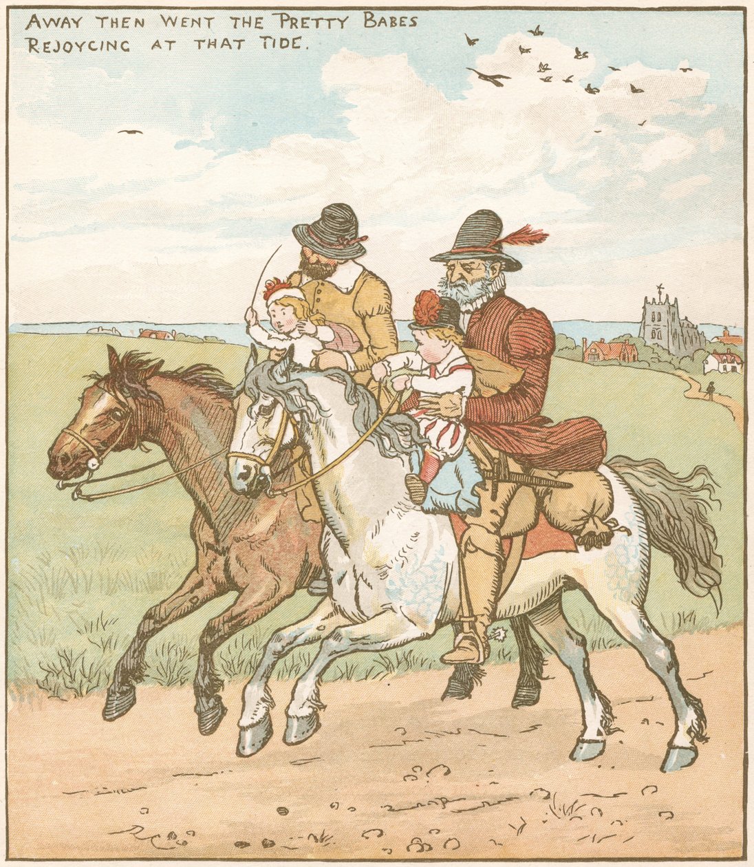 Babes (tai lapset) metsässä. Pahan sedän palkkaamat roistot vietiin orvoiksi. Randolph Caldecottin (1846-86) kuvitus balladille c1600. tekijältä Randolph Caldecott