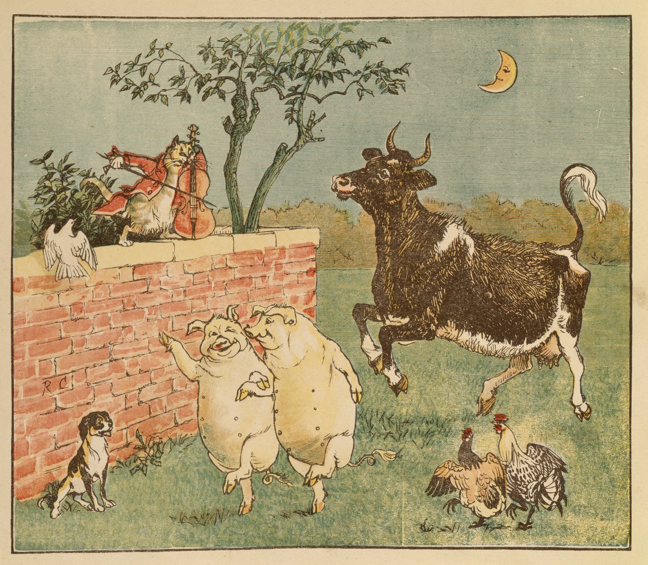 Kissa ja viulu ja lehmä - Hey Diddle Diddlen kuvituksia tekijältä Randolph Caldecott