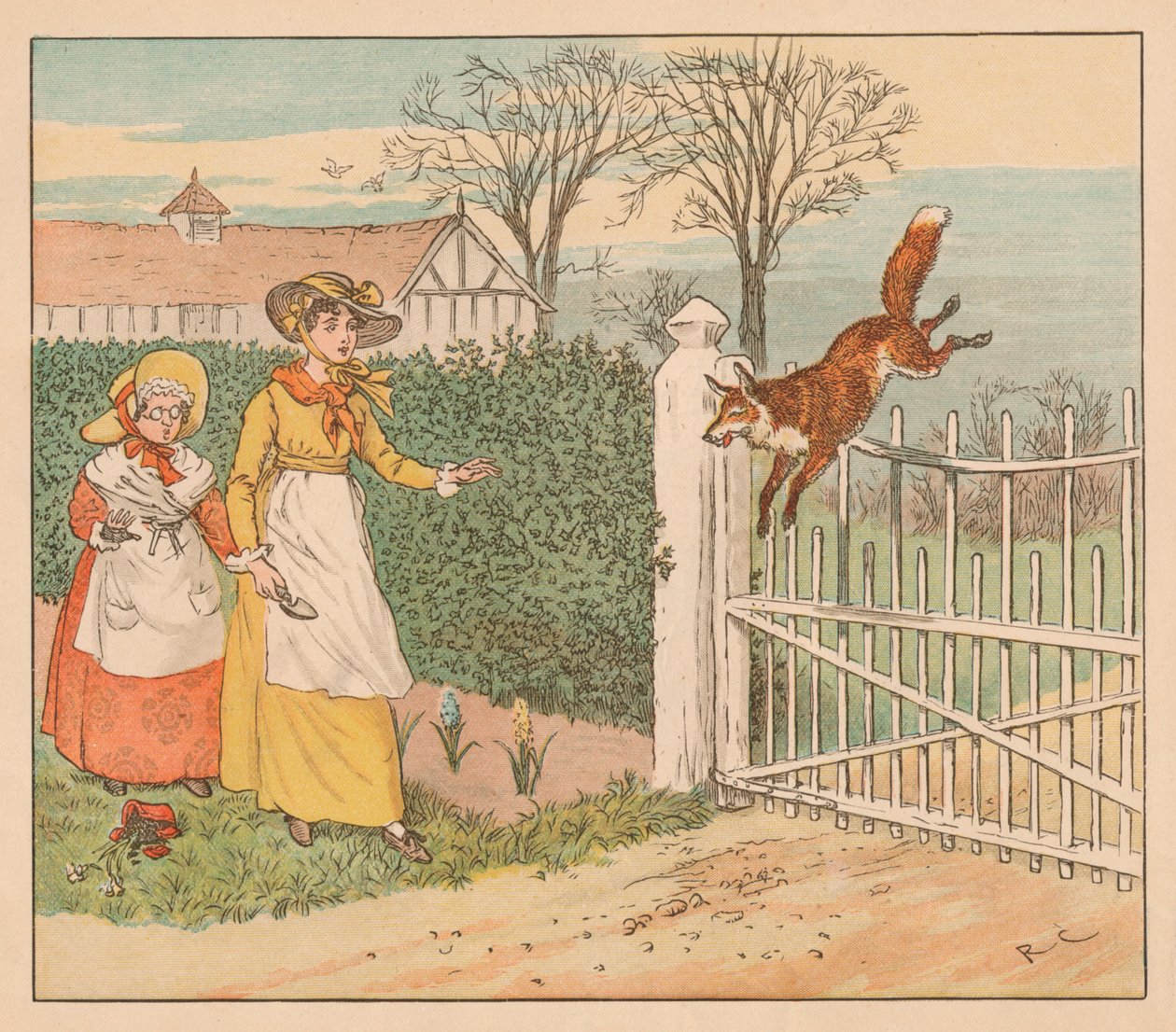 Kettu hyppää yli pappien portin, vuodelta 1883. tekijältä Randolph Caldecott
