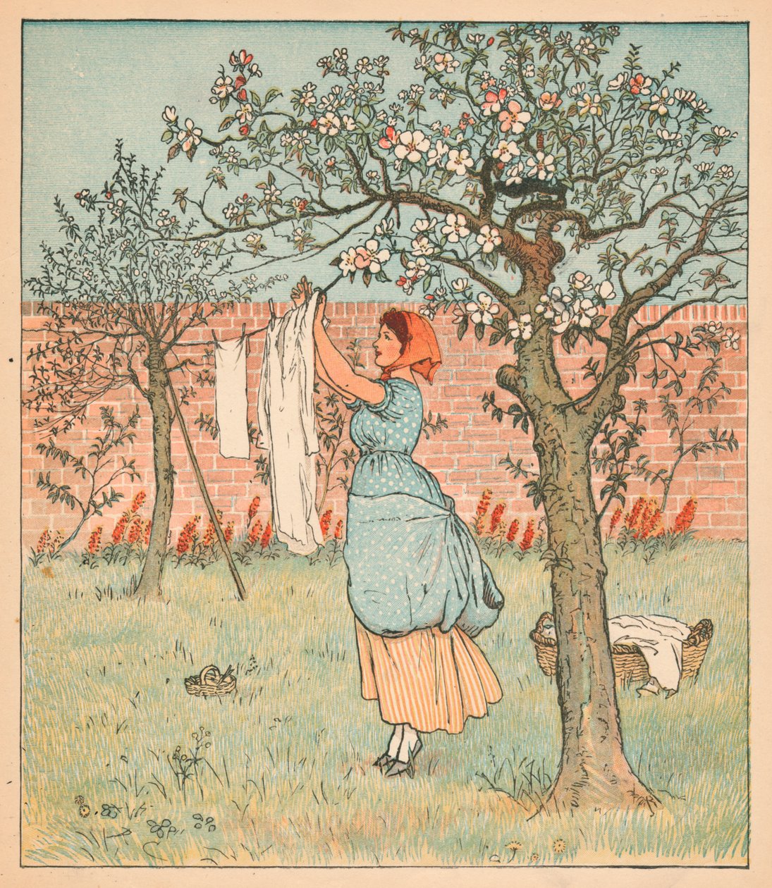 Maid oli puutarhassa, ripustamassa vaatteita, 1880. tekijältä Randolph Caldecott