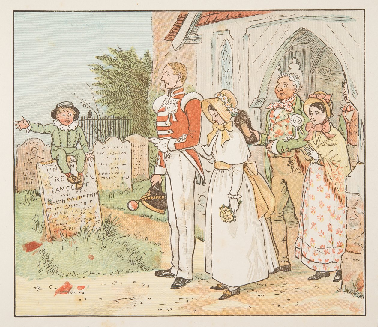 The Soldier and his Bride, The Hey Diddle Diddle Picture Book, pub.1882 (värikaiverrus) tekijältä Randolph Caldecott