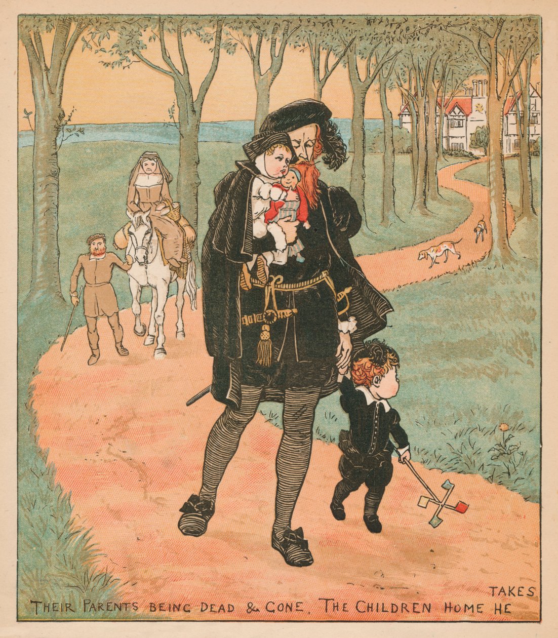 Heidän vanhempansa ovat kuolleet ja poissa, Lapset kotiin, jonka hän vie, c1878. tekijältä Randolph Caldecott