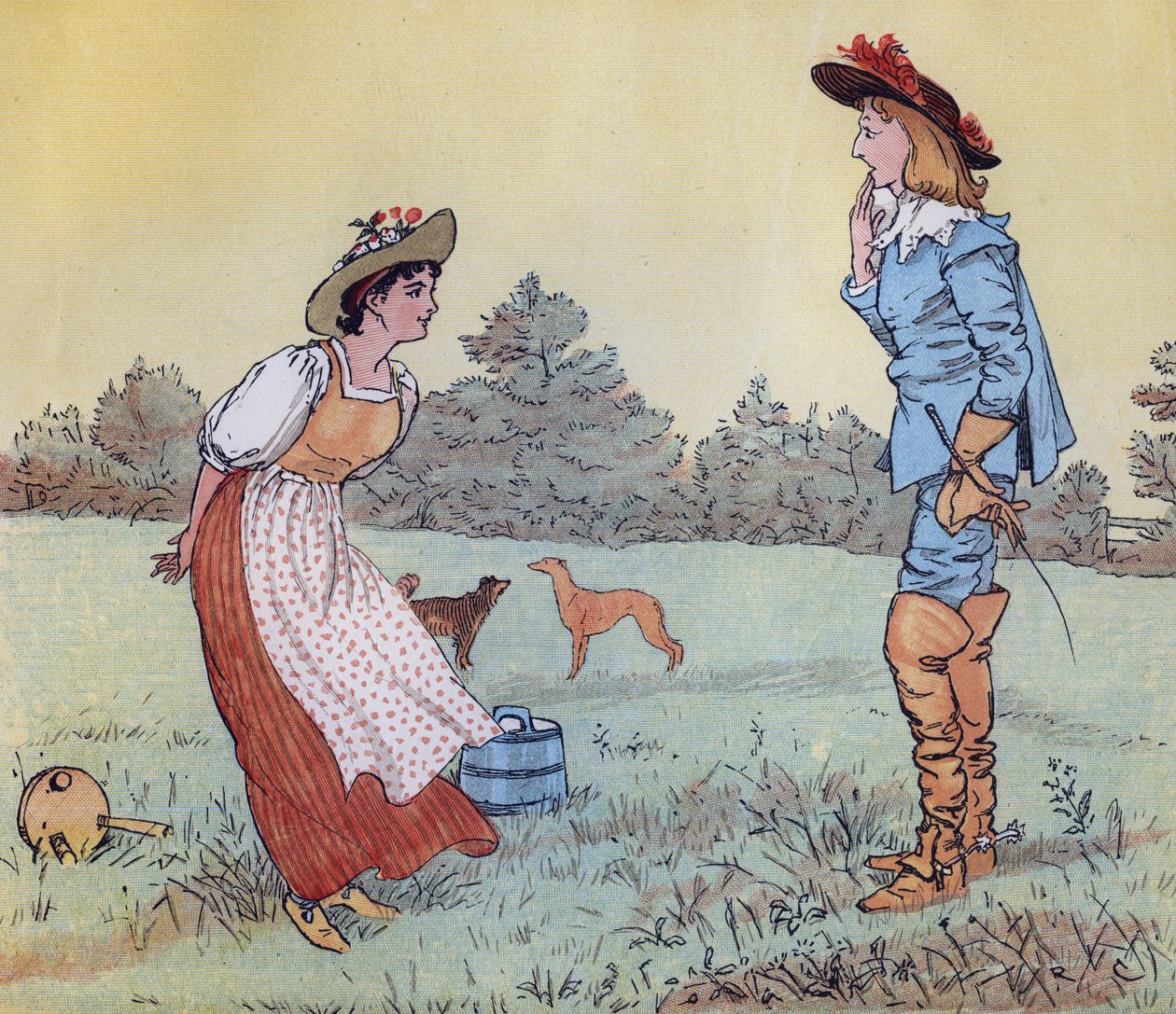 Sitten en voi mennä naimisiin kanssasi, kaunis piikani! Randolph Caldecottin kuvitus Nursery Rhymelle "The Milkmaid". tekijältä Randolph Caldecott