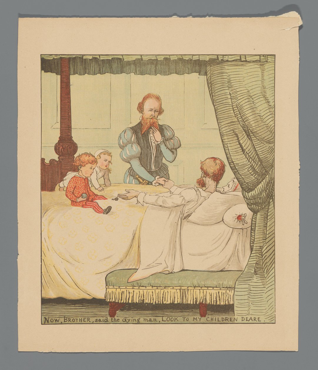 Zwei Kinder und ein Mann an einem Krankenbett tekijältä Randolph Caldecott
