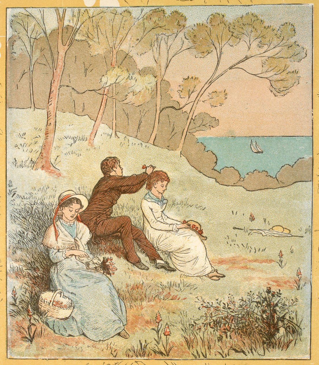 Kaksi naista ja mies istuvat aukiolla lähellä rannikkoa. tekijältä Randolph Caldecott