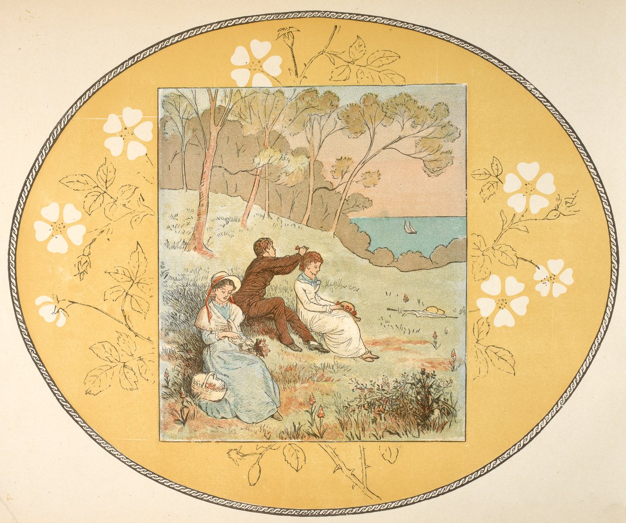 Kaksi naista ja mies istuvat aukiolla lähellä rannikkoa. Kukkareunus. tekijältä Randolph Caldecott