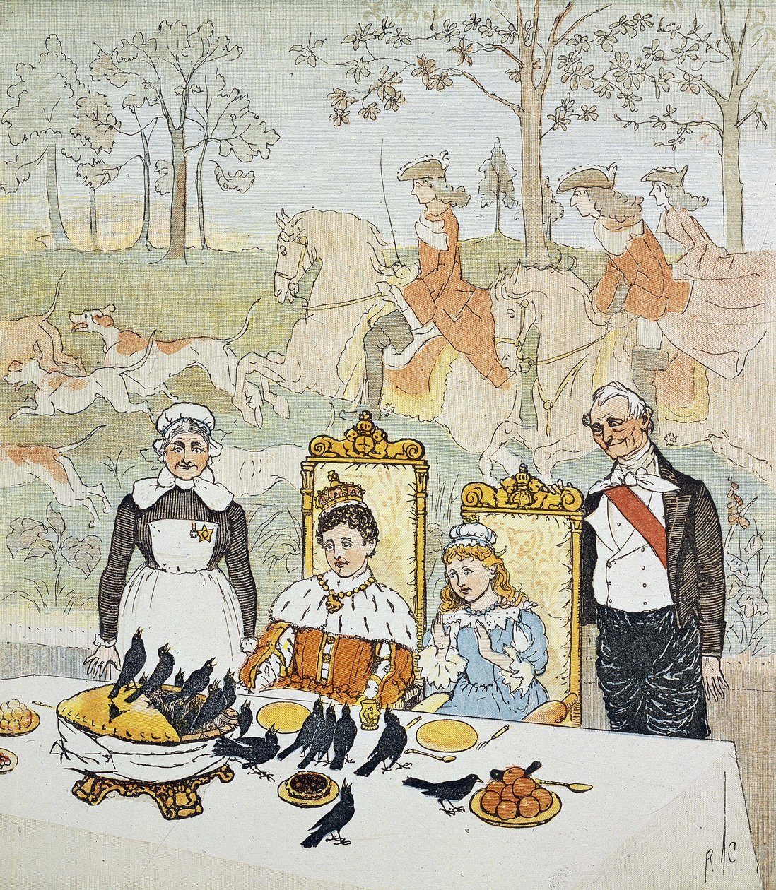 Kuningas ja kuningatar istuvat pöydän ääressä palvelijoiden ympäröimänä, heidän takanaan metsästyskohtaus. Levy 14 Randolph Caldecottin (1846-1886) ""The Picture Book" -kirjasta. 1879. British Library Institution Viite: Shelfmark ID: 12805.s.17 A King and  tekijältä Randolph Caldecott