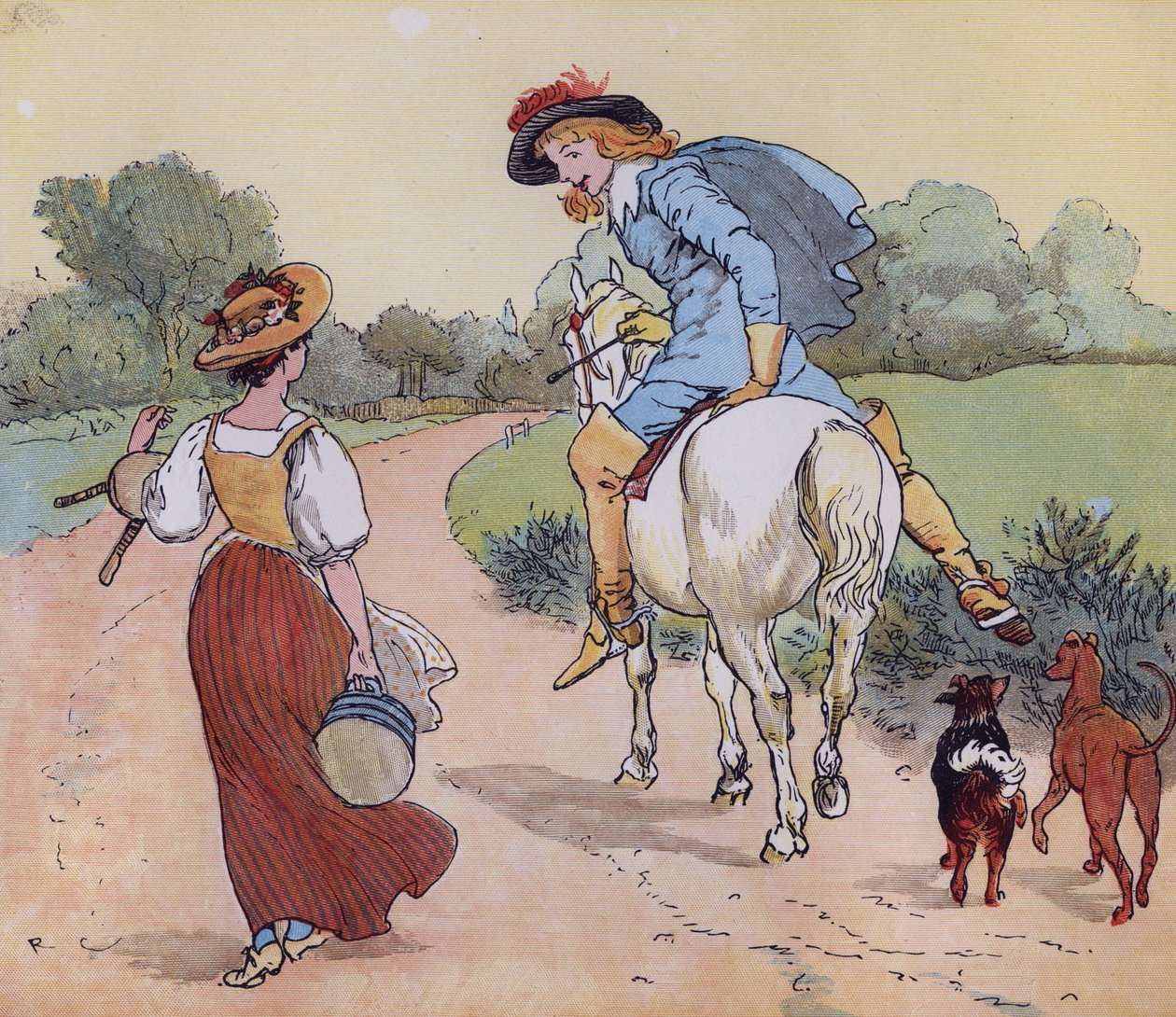 Minne olet menossa, kaunis piikani? Randolph Caldecottin kuvitus Nursery Rhymelle "The Milkmaid". tekijältä Randolph Caldecott
