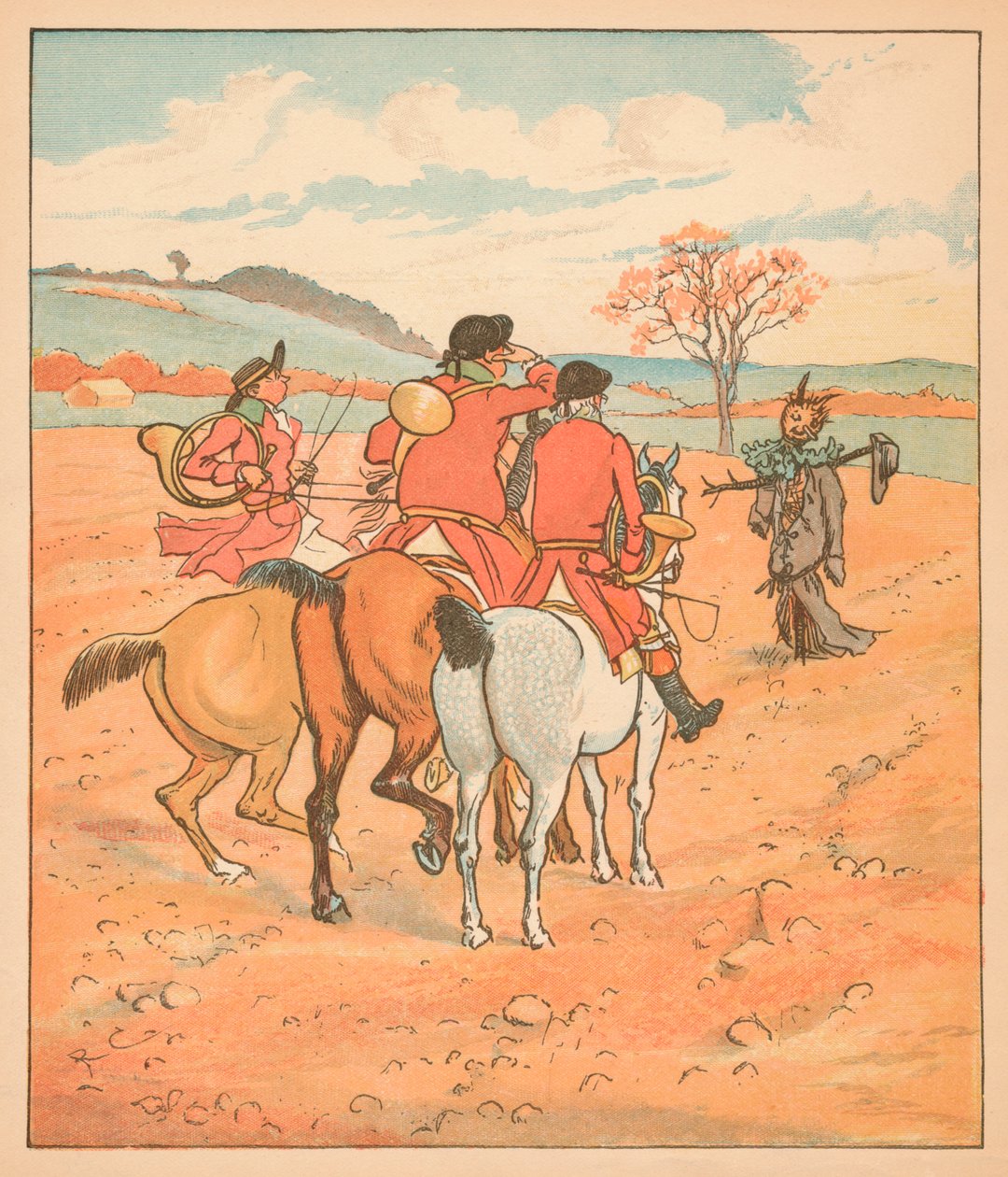 ...ensimmäinen asia, jonka he löysivät, oli tatterit boggart, pellolta..., 1880. tekijältä Randolph Caldecott