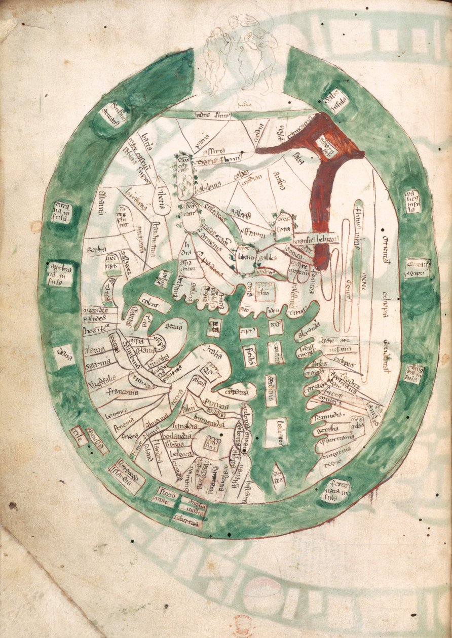 Maailman kartta, f.2v, Polychronicon, n. 1400 (vellum) tekijältä Ranulf Higden