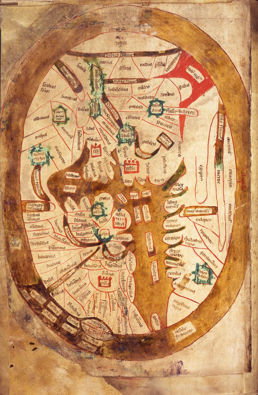 Ms.89 Higden fol.13v Map of the World (muste vellum) tekijältä Ranulf Higden