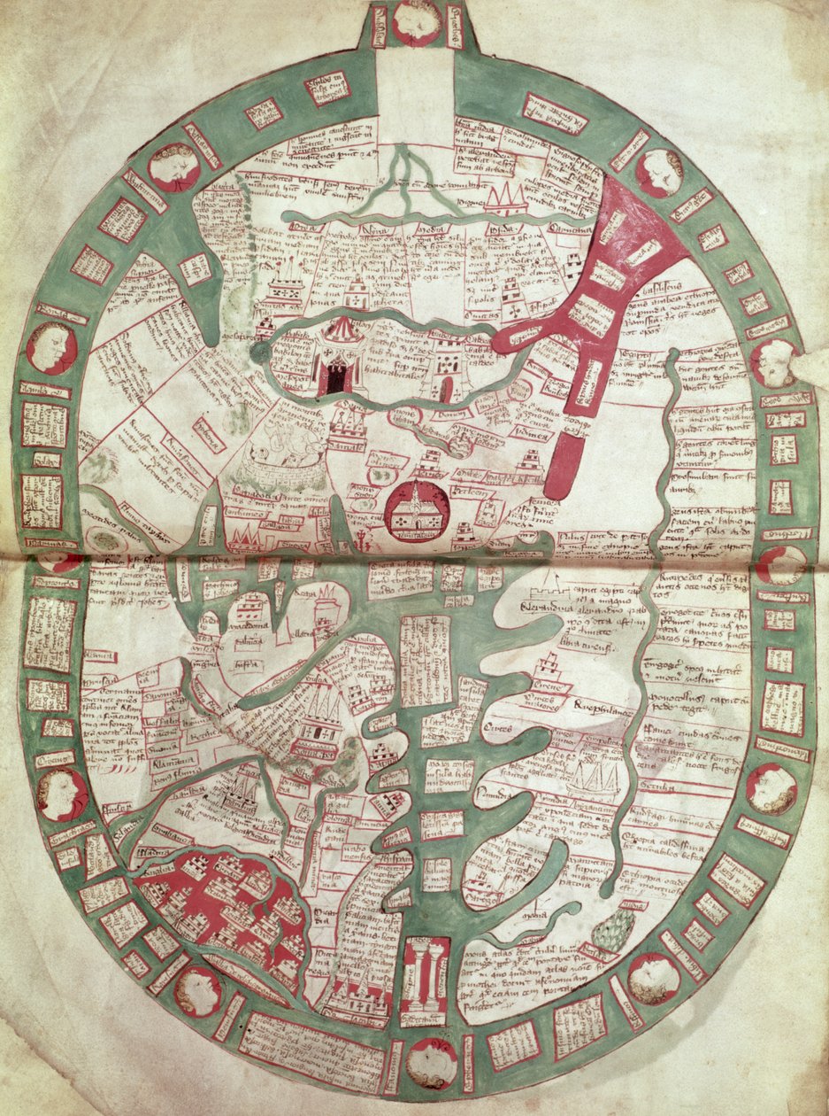 Roy.Ms.14 C. f.1 1v-2r maailmankartta, jossa Jerusalem keskustana, Polychronicon, n.1380 (vellum) tekijältä Ranulf Higden