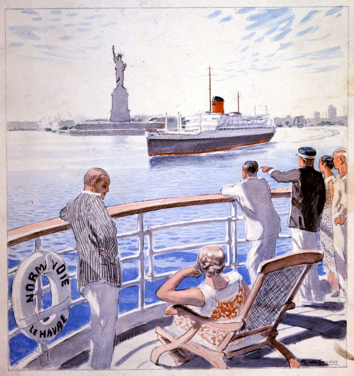 Kuljetus. Meren. Transatlanttisen Le Normandien saapuminen New Yorkin satamaan. Kuvitus: Raoul du Gardier tekijältä Raoul Du Gardier