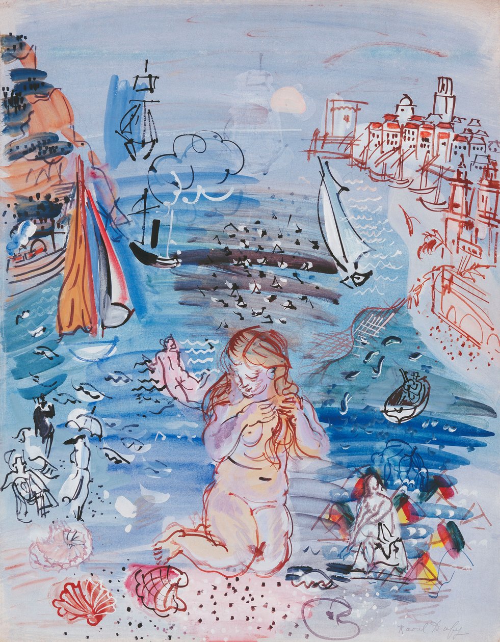 Amphitrite Marseillen satamassa; Amphitrite dans le Port de Marseille, n.1927-30 (vesiväri ja guassi paperille, paksulle kartongille kiinnitettynä). tekijältä Raoul Dufy