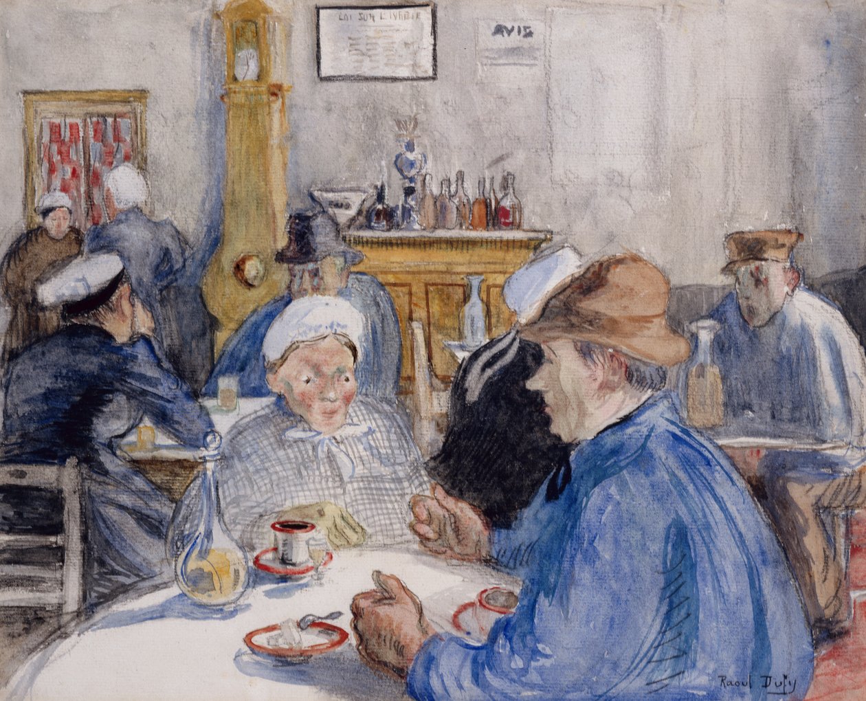Kahvilassa, noin 1900 (akvarelli, pesu ja hiili). tekijältä Raoul Dufy