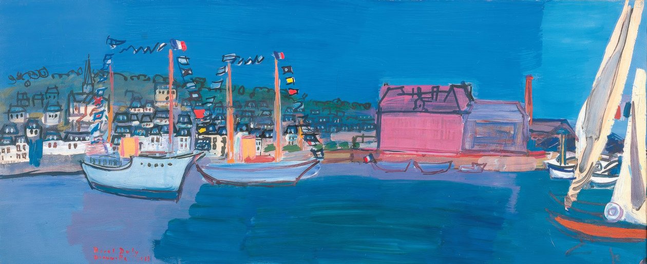 Veneet meri pienet liput talot pieni satama laituri purjeet tekijältä Raoul Dufy