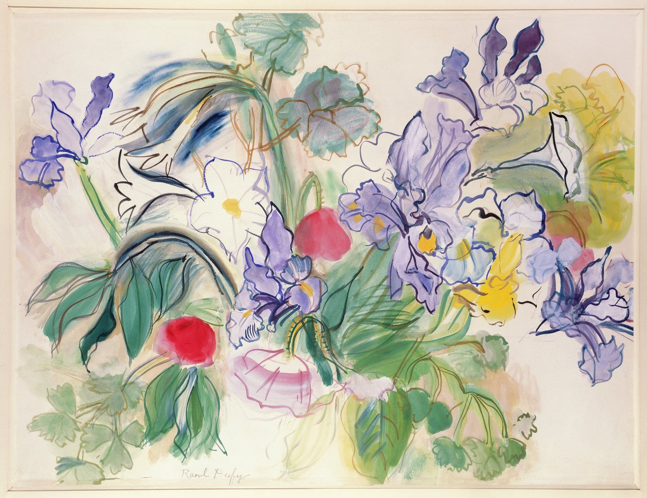 Kukkakimppu iiriksistä ja punaisista unikoista, noin 1948 (vesiväri paperille). tekijältä Raoul Dufy