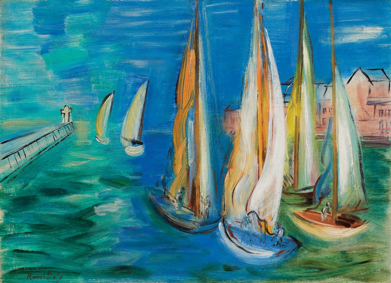 Purjeveneiden lähtö Deauvillesta; Depart des voiliers a Deauville, n.1930 (öljy kankaalle) tekijältä Raoul Dufy