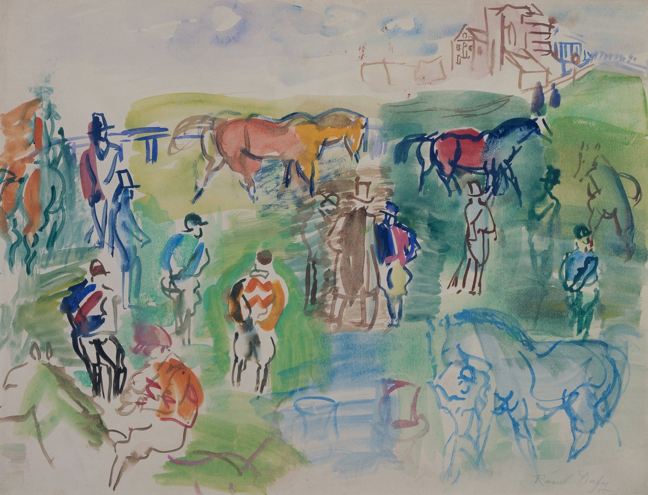 Hevoset ja jockeyt Epsomissa (guassi paperille) tekijältä Raoul Dufy
