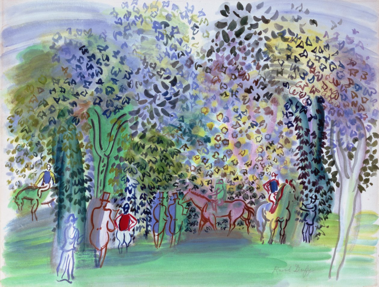 Hevoset ja jokkesit puiden alla, n.1930-1 (vesiväri). tekijältä Raoul Dufy