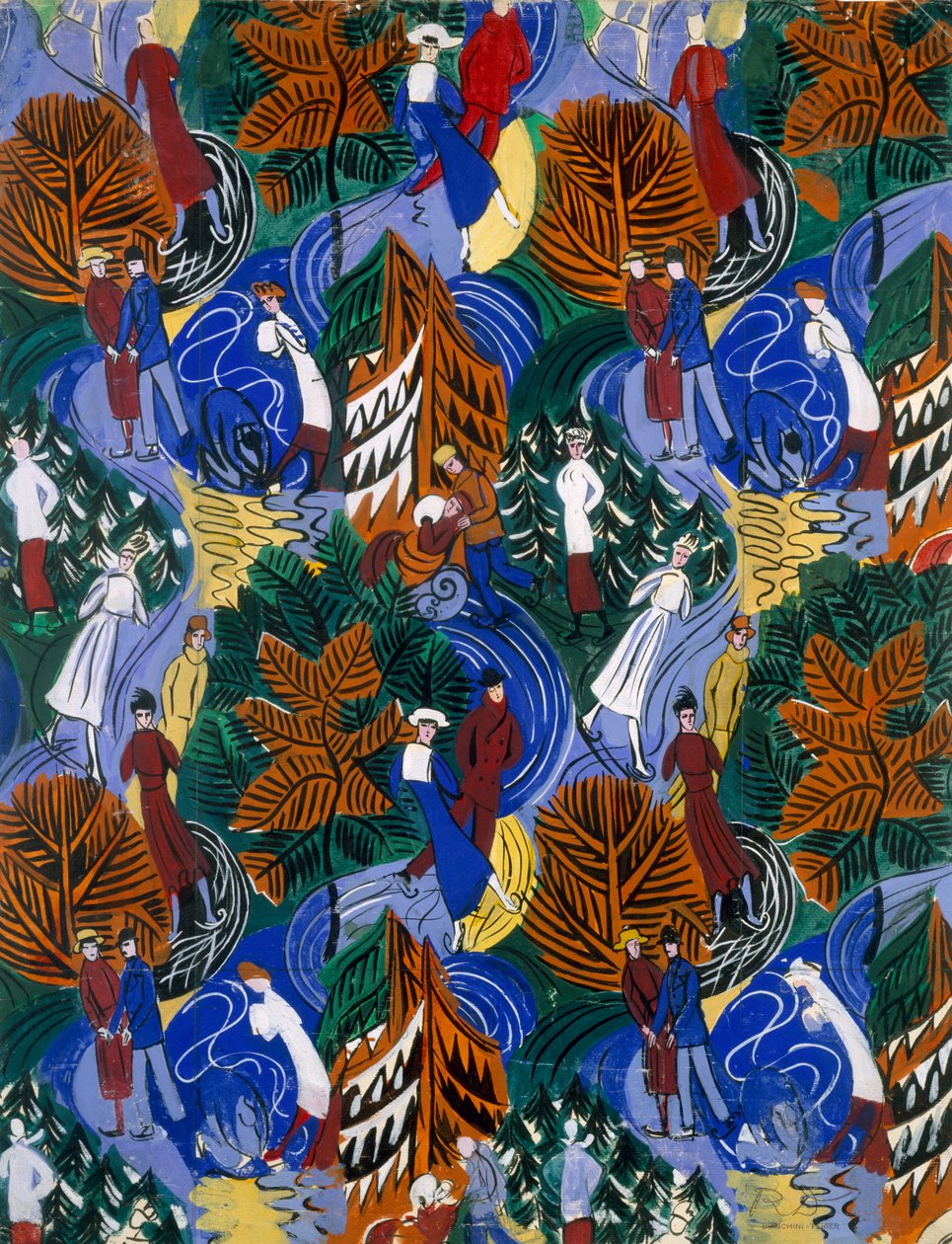 Luistelijoita, suunnitelma painettua silkkiä varten, n.1914-20 (värilitografia). tekijältä Raoul Dufy