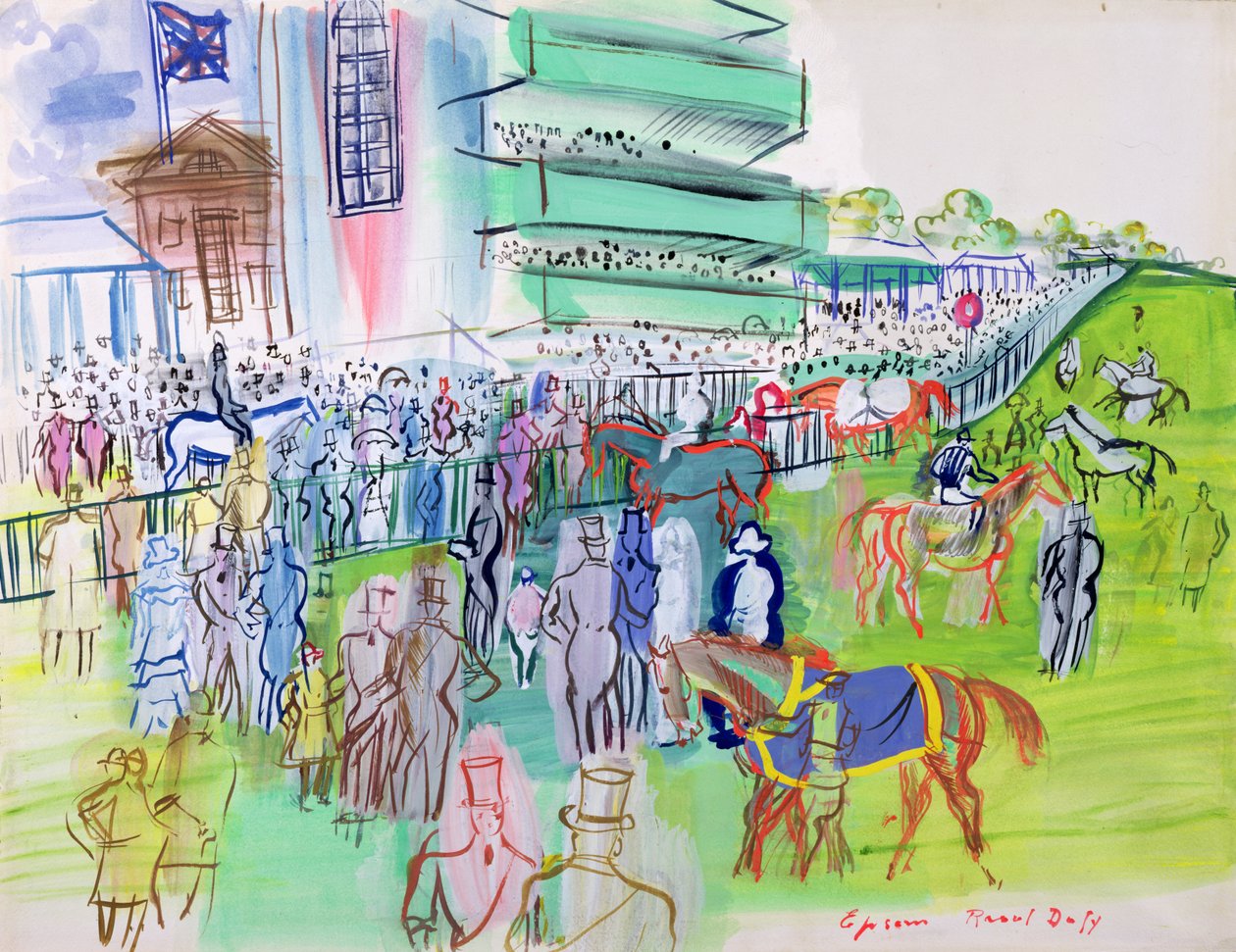 Epsomin suurkatsomon edessä, noin 1937 (vesiväri ja guassi paperille). tekijältä Raoul Dufy