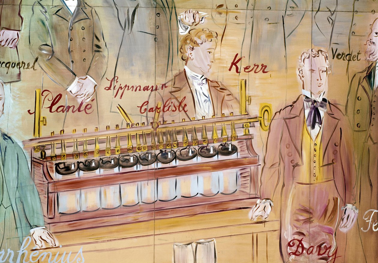 La Fee Electricite, yksityiskohta: Anthony Carlislen, englantilaisen kirurgin ja Humphry Davyn, englantilaisen kemistin muotokuvat. 1937 (maalaus) tekijältä Raoul Dufy