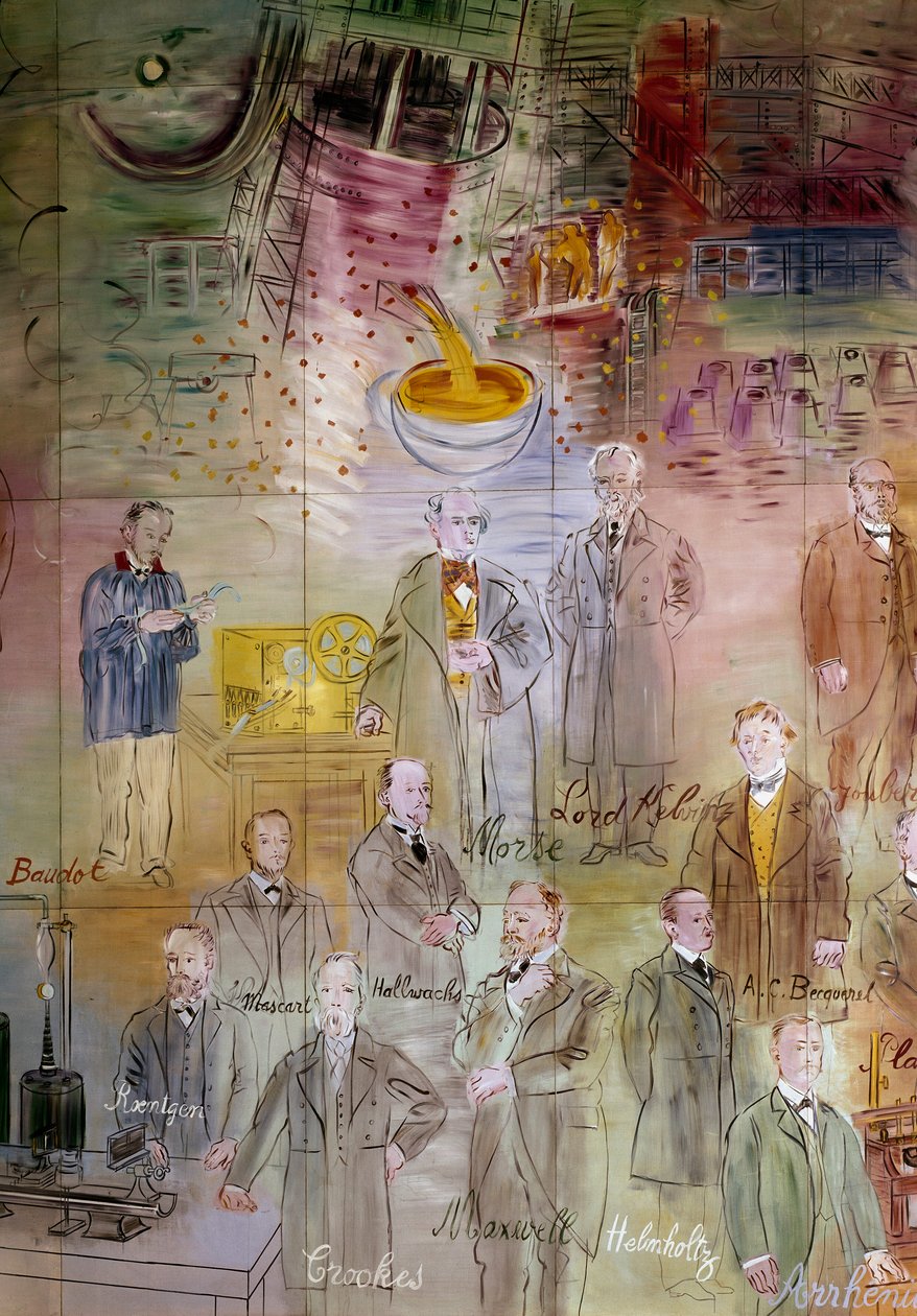 La Fee Electricite, yksityiskohta: muotokuvat: Emile Baudot, Samuel Morse, William Thomson (lordi Kelvin), Jules Francois Joubert, Wilhelm Conrad Rentgen, Eleuthere Mascart, Wilhelm Hallwachs, Henri Becquerel, William Crookes, James Clerk Maxwell, Hermann  tekijältä Raoul Dufy