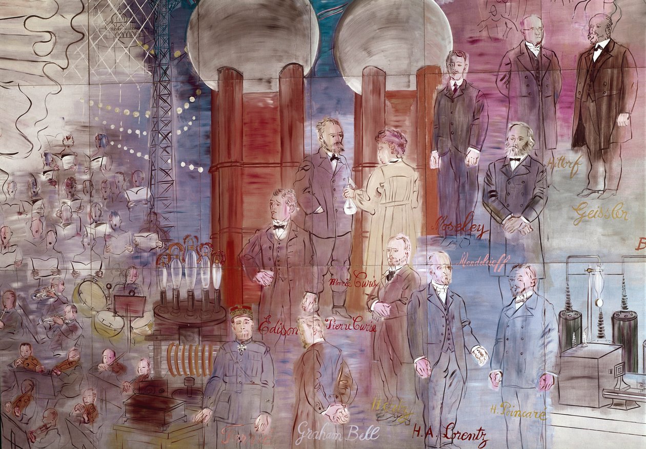 La Fee Electricite, yksityiskohta: Muotokuvat: Johann Wilhelm Hittorf, Heinrich Geissler, Henry Moseley, Pierre Curie, Marie Curie, Dmitrij Mendelee, Thomas Edison ja Graham Bell. 1937 (maalaus) tekijältä Raoul Dufy