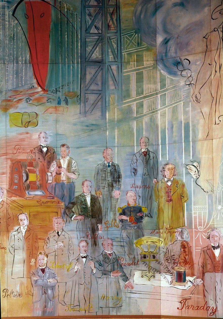 La Fee Electricite, yksityiskohta: Muotokuvat eri intellektuelleista ja tiedemiehistä: Antonio Pacinotti, Zenobe Gram, Josiah Willard Gibbs, Charles Algernon Parsons, Marc Seguin, Auguste Camille Rateau, Jean Victor Celet ja Michael Faraday. 1937 (maalaus) tekijältä Raoul Dufy