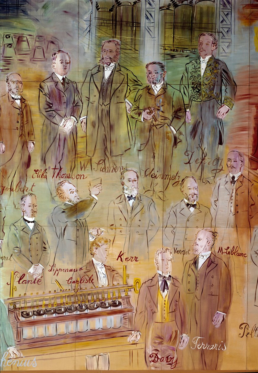 La Fee Electricite, yksityiskohta: Muotokuvat eri intellektuelleista ja tiedemiehistä: Jules Francois Joubert, Elihu Thomson, Ernst Werner Siemens, Charles Proteus Steinmetz, Marcel Deprez, Gaston Plante, Gabriel Lippmann, John Kerr, Maurice Leblanc, Humph tekijältä Raoul Dufy