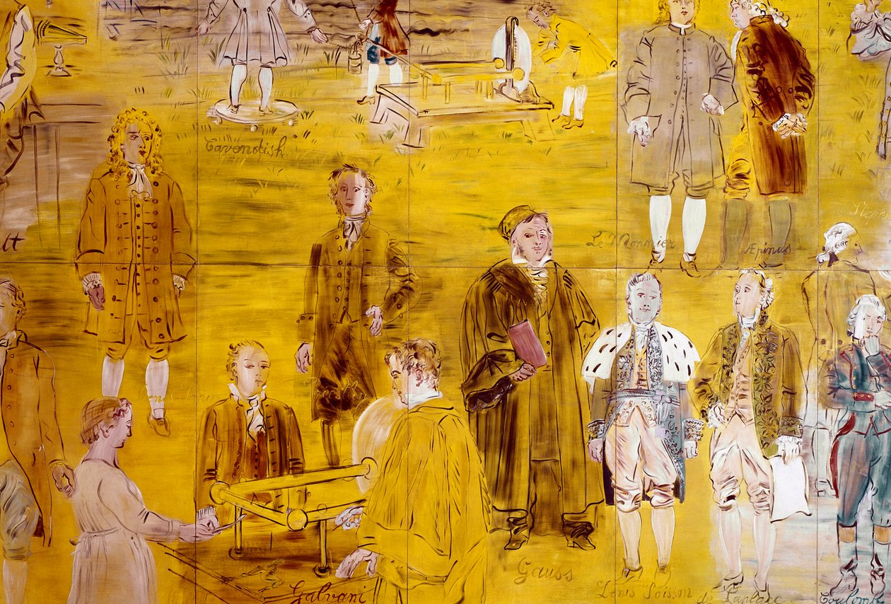 La Fee Electricite, yksityiskohta: Muotokuvat eri tiedemiehistä: Le Monnier, Franz Aepinus, Denis Papin, Joseph Priestley, Luigi Galvani, Carl Friedrich Gauss, Simeon-Denis Poisson, Pierre Simon de Laplace ja Charles de Coulomb. 1937 (maali tekijältä Raoul Dufy