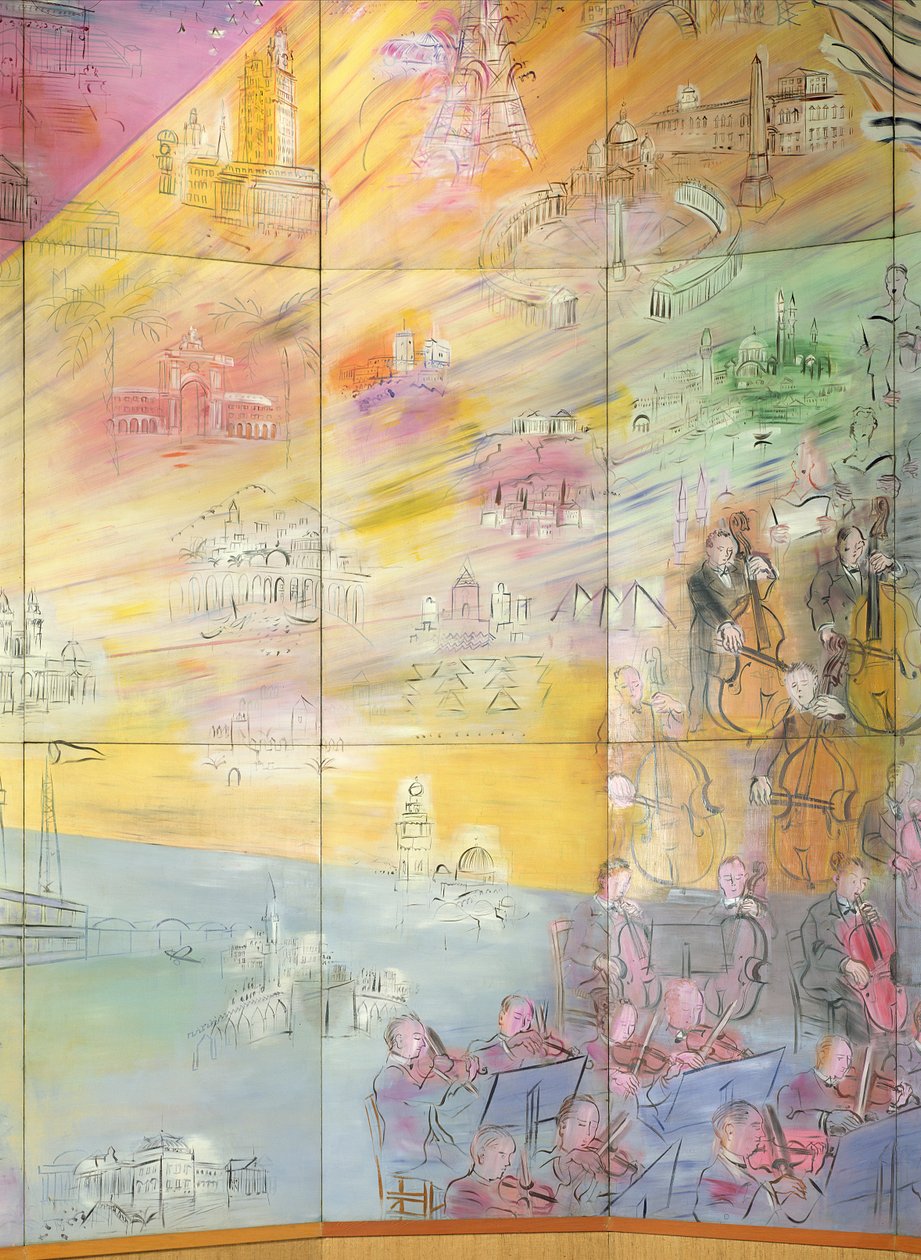 La Fee Electricite, orkesteria esittävän vasemmanpuoleisen kuvan yksityiskohta. tekijältä Raoul Dufy