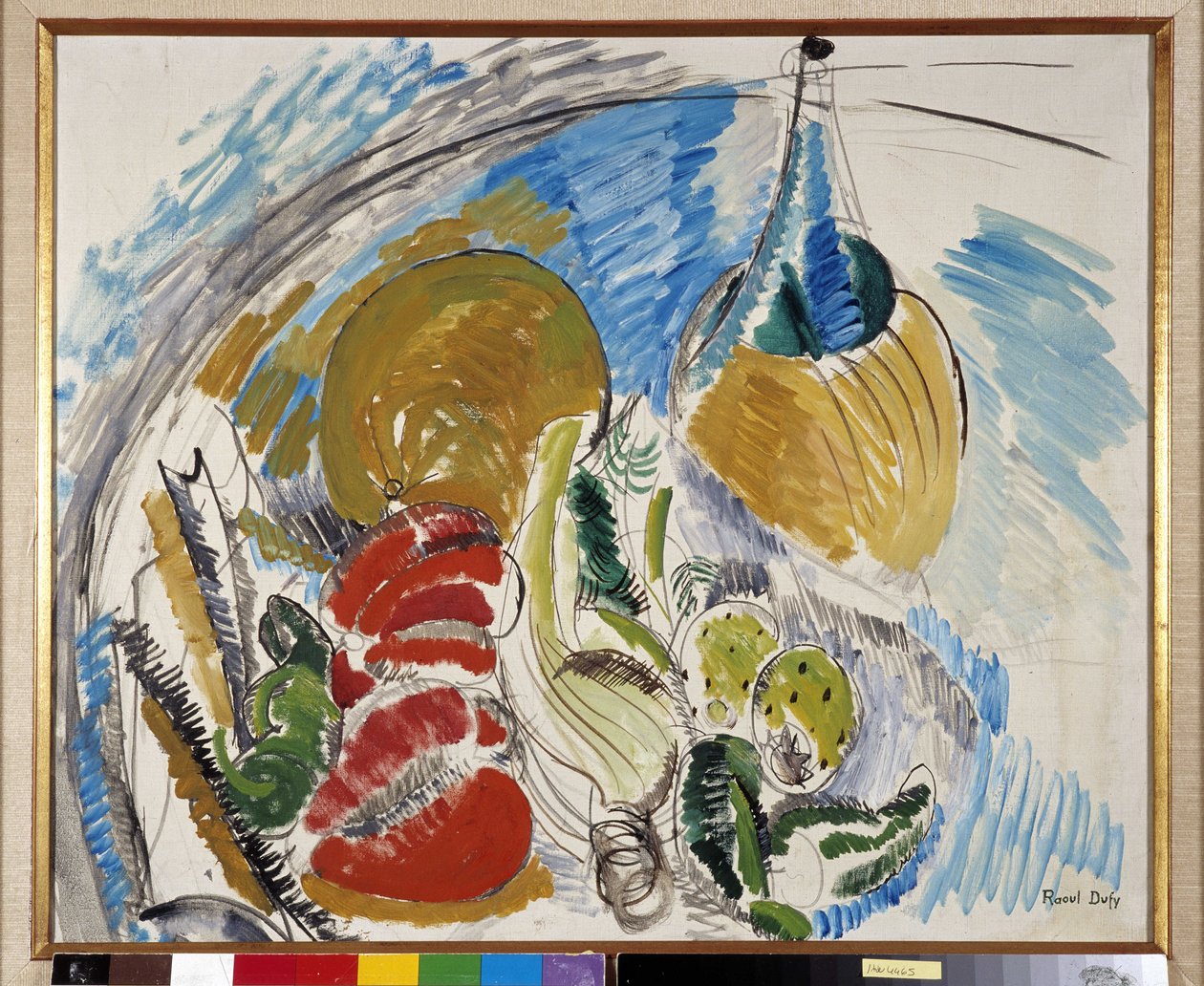 Hedelmien, vihannesten ja viinipullon asetelma pöydällä tekijältä Raoul Dufy