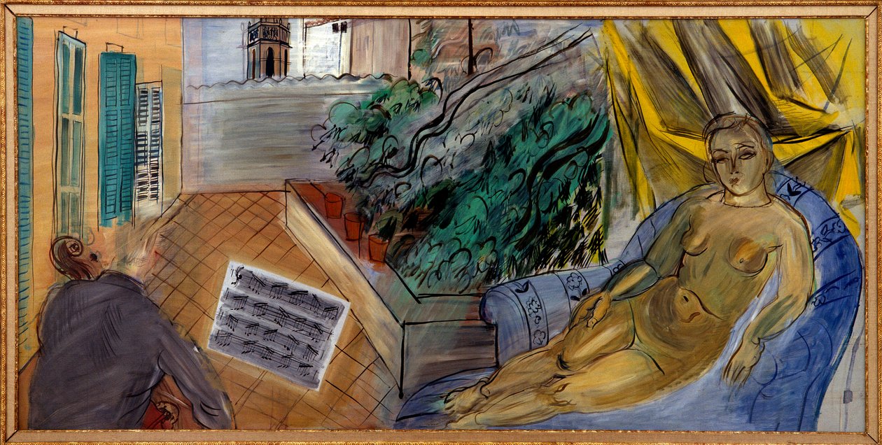 Alasti terassille. Mies soittaa selloa partituurin edessä ja lähellä häntä alaston nainen kuuntelee häntä tekijältä Raoul Dufy