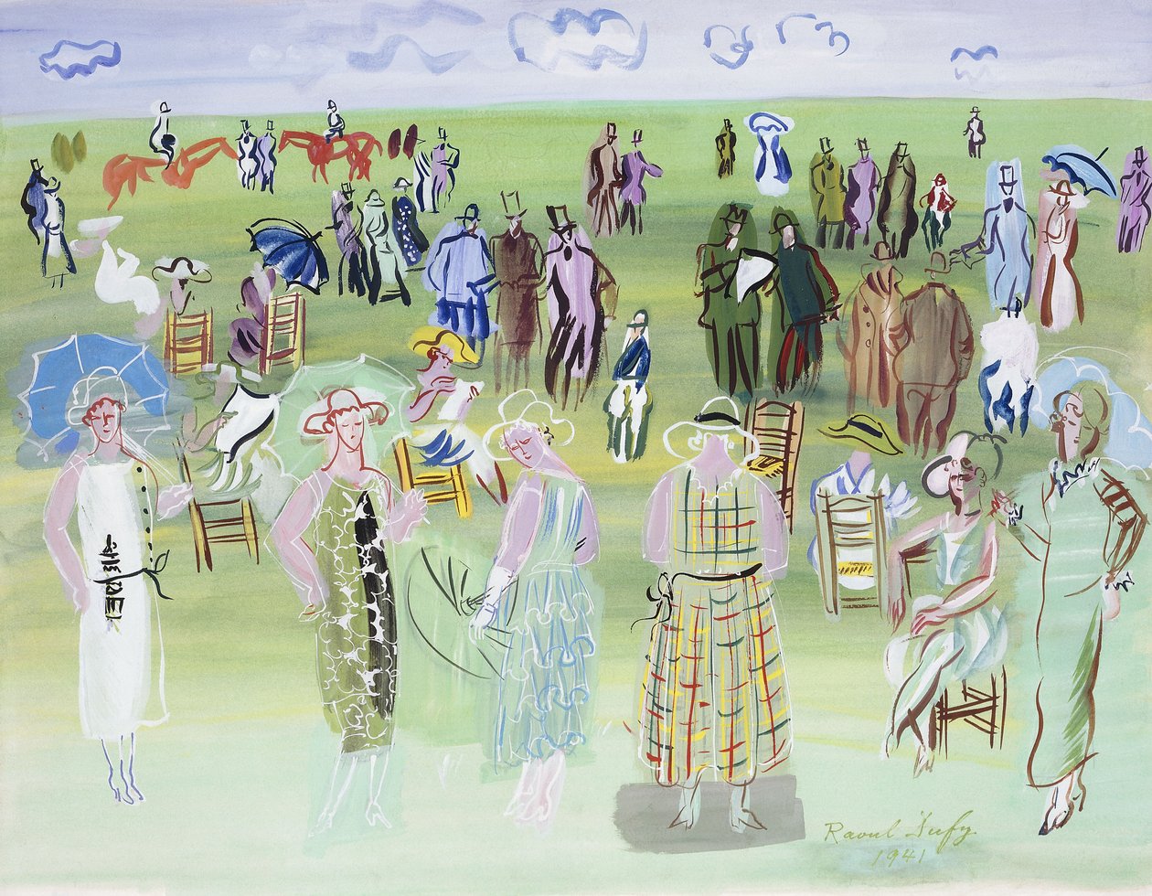 Poiret Mannequins at the Races, with Blue Umbrellages; Les Mannequins de Poiret aux Courses, a l