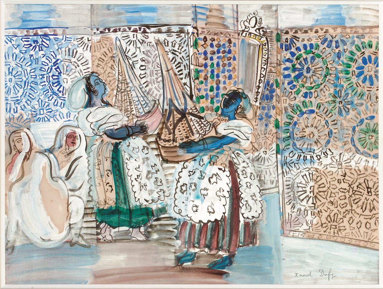 Vastaanotto Marrakechin pasan kanssa (guassi, akvarelli ja lyijykynä paperille) tekijältä Raoul Dufy
