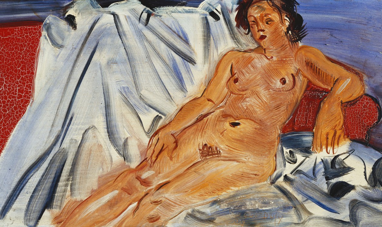 Nakuileva alaston punaisella sohvalla; Nu Couche sur Canape Rouge (Nu Couche sur Canape Rouge) tekijältä Raoul Dufy