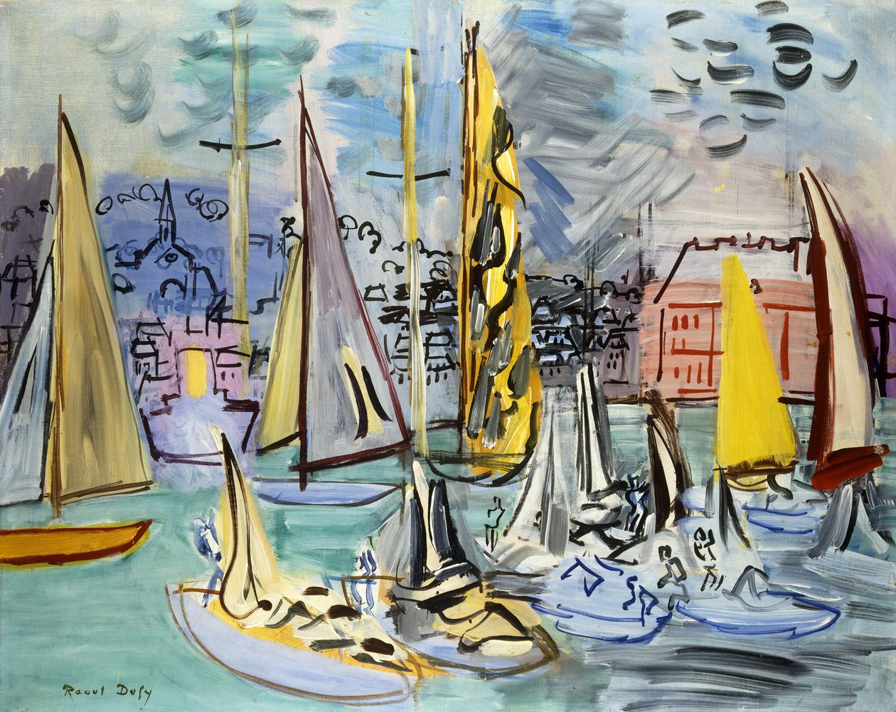 Purjeveneitä Deauvillen satamassa; Voiliers dans le Port de Deauville tekijältä Raoul Dufy