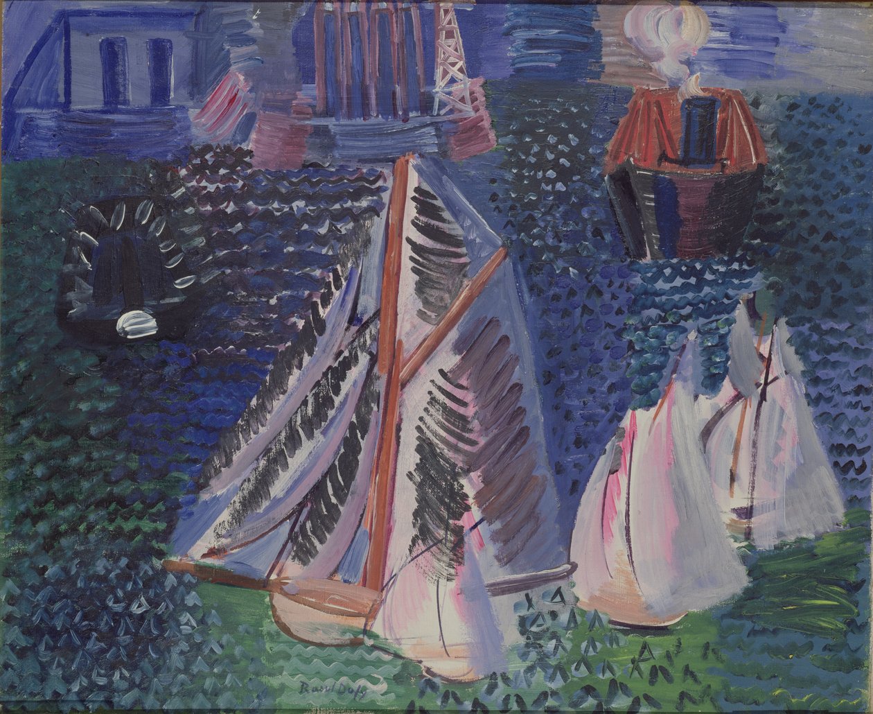Purjeveneitä Le Havren satamassa, noin 1925 (öljy kankaalle). tekijältä Raoul Dufy