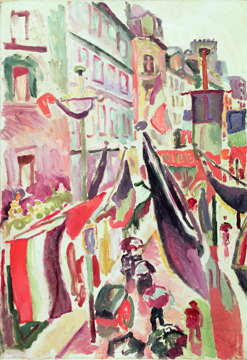 Lippujen koristama katu Le Havressa (öljy kankaalle) tekijältä Raoul Dufy