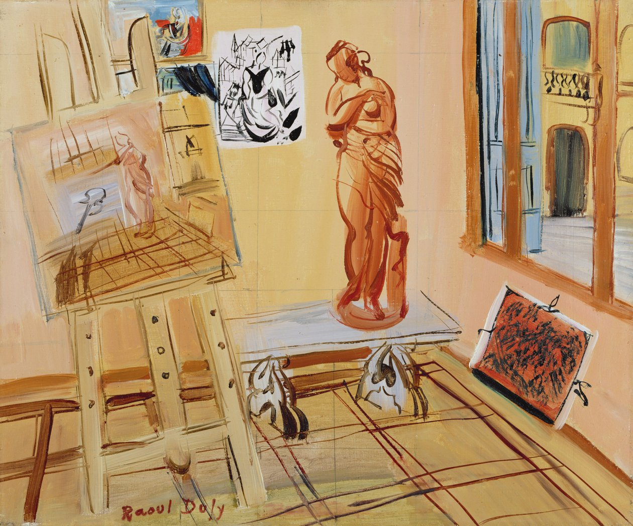 Taiteilijan ateljee, n.1942-45 (öljy kankaalle, neliöity grafiitilla). tekijältä Raoul Dufy