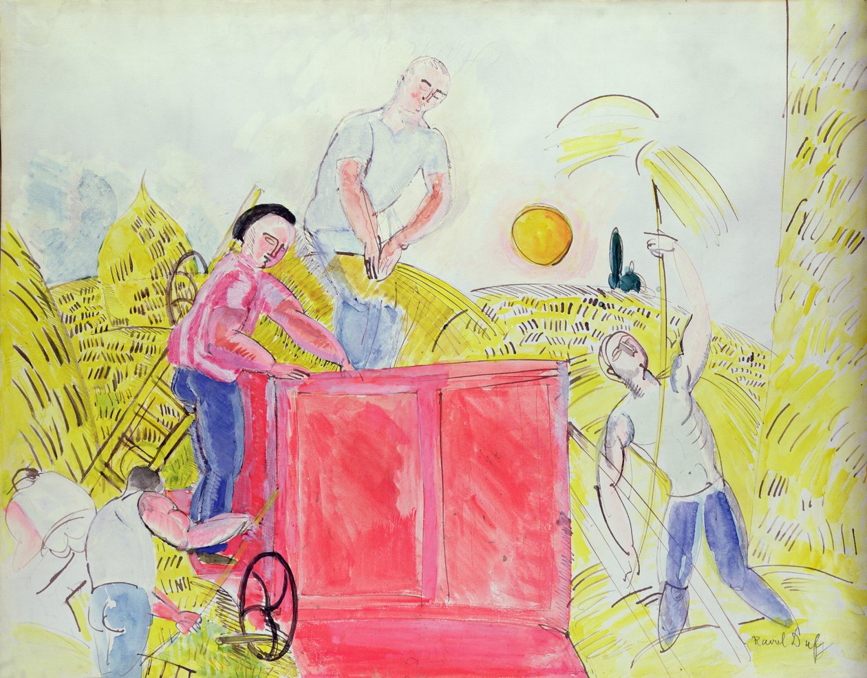 Sadonkorjaajat (guassi paperille) tekijältä Raoul Dufy
